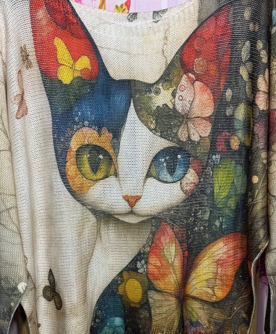 Pull fin ample SANS LAINE Le Chat Arc-en-ciel et les Papillons confort +++ du 36 au 44 