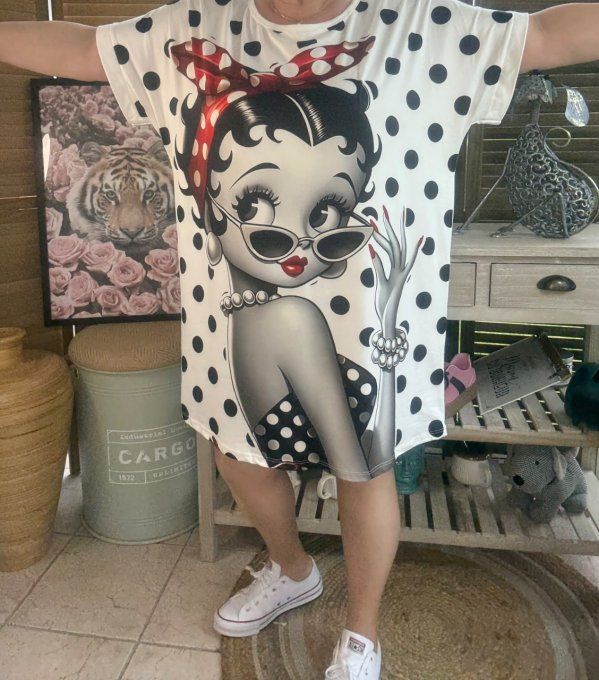 Tunique longue ou robe courte blanche pois noirs Betty Boop rétro du 40 au 50/52  