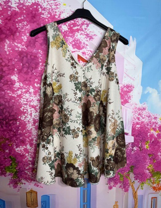 Blouse trapèze ample satiné mat beige imprimé floral Chocolat Camel du 40 au 52