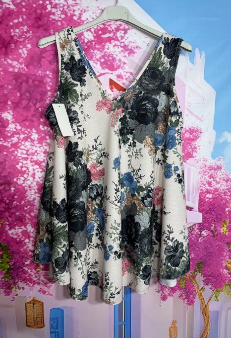 Blouse trapèze ample satiné mat beige imprimé floral noir grisé du 40 au 52