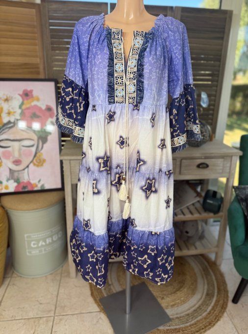 Robe trapèze broderies anglaises Etoiles marine & crème Bohème Chic du 36 au 44/46