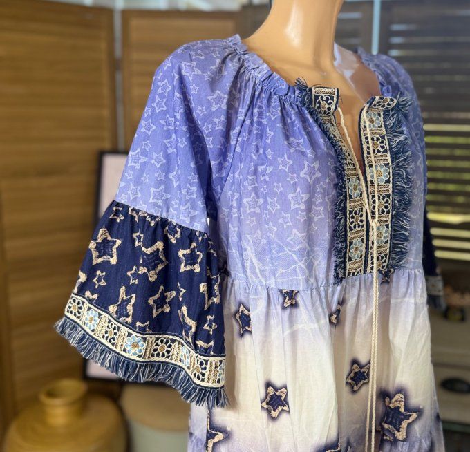 Robe trapèze broderies anglaises Etoiles marine & crème Bohème Chic du 36 au 44/46