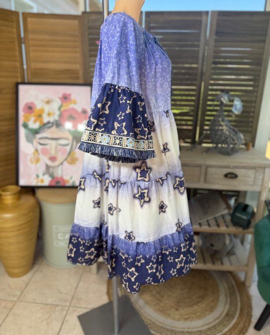 Robe trapèze broderies anglaises Etoiles marine & crème Bohème Chic du 36 au 44/46