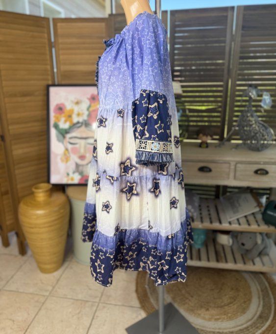 Robe trapèze broderies anglaises Etoiles marine & crème Bohème Chic du 36 au 44/46