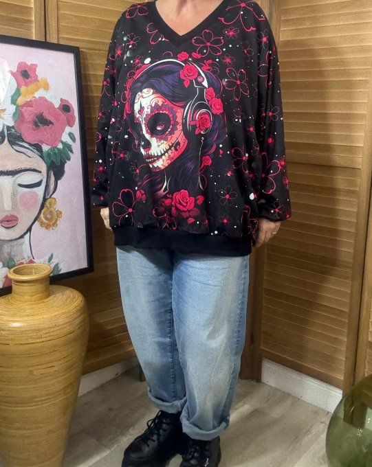 Sweat ample col V manches longues The Catrina Mexican Skulls Girl du 40 au 52