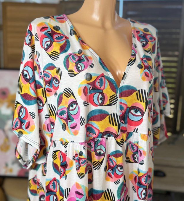 Robe trapèze courte blanche Picasso Painting Cubic Women du 40 au 52