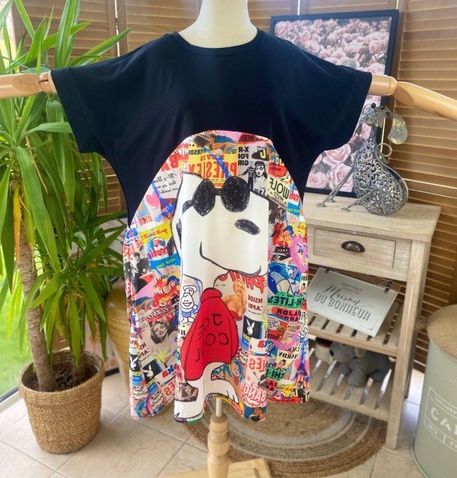 Robe trapèze courte noire & multicolore Love Snoopy Sixties du 40 au 50