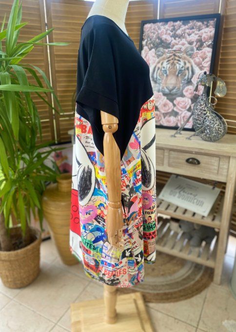 Robe trapèze courte noire & multicolore Love Snoopy Sixties du 40 au 50