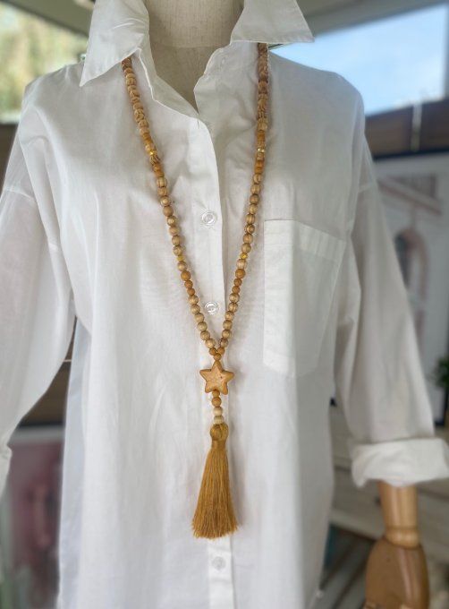Sautoir étoile pompon moutarde & perles bois bohème chic 