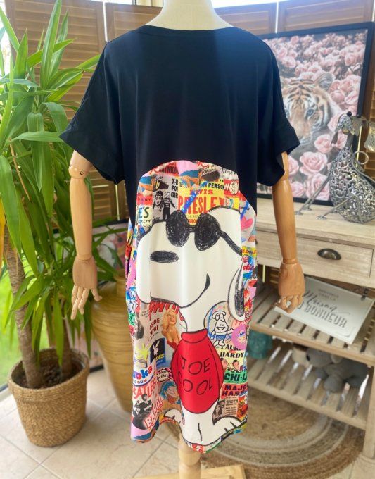 Robe trapèze courte noire & multicolore Love Snoopy Sixties du 40 au 50