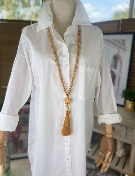 Sautoir étoile pompon moutarde & perles bois bohème chic 