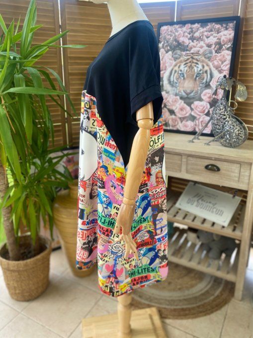 Robe trapèze courte noire & multicolore Love Snoopy Sixties du 40 au 50