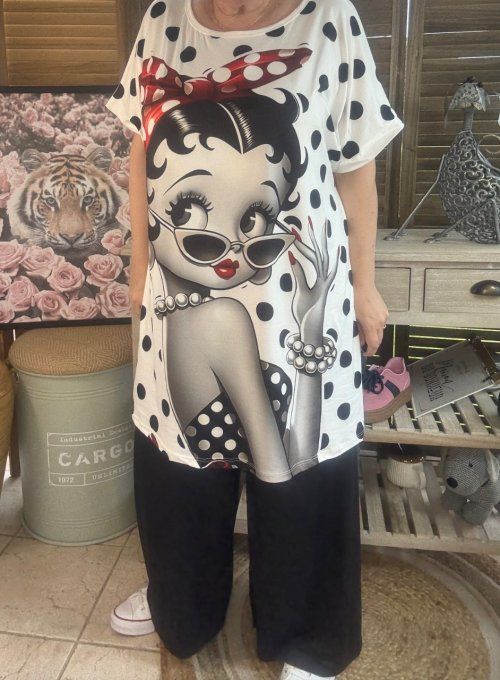 Tunique longue ou robe courte blanche pois noirs Betty Boop rétro du 40 au 50/52  