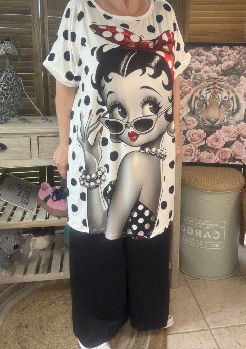 Tunique longue ou robe courte blanche pois noirs Betty Boop rétro du 40 au 50/52  