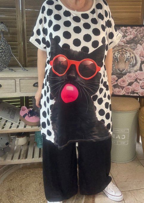 Tunique longue ou robe courte blanche pois noirs Le Chat noir Bubble du 40 au 50/52  