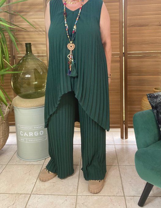 Ensemble plissé pantalon palazzo + tunique asymétrique vert bouteille du 38 au 48/50