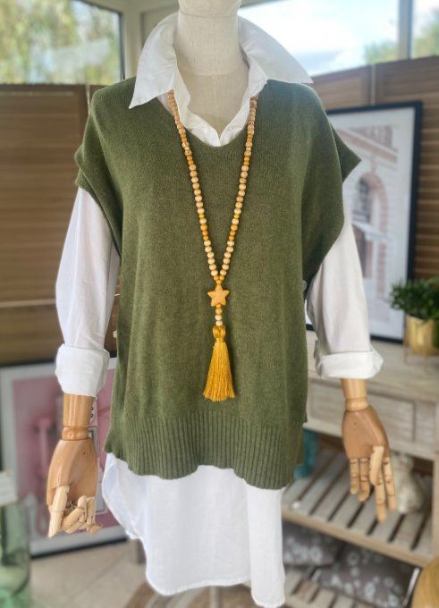 Sautoir étoile pompon moutarde & perles bois bohème chic 