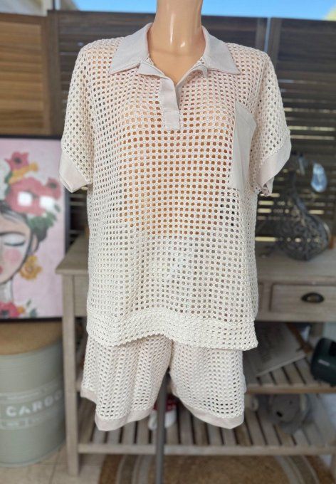 Ensemble short + top maille filet beige Lurex doré or du 34 au 44 
