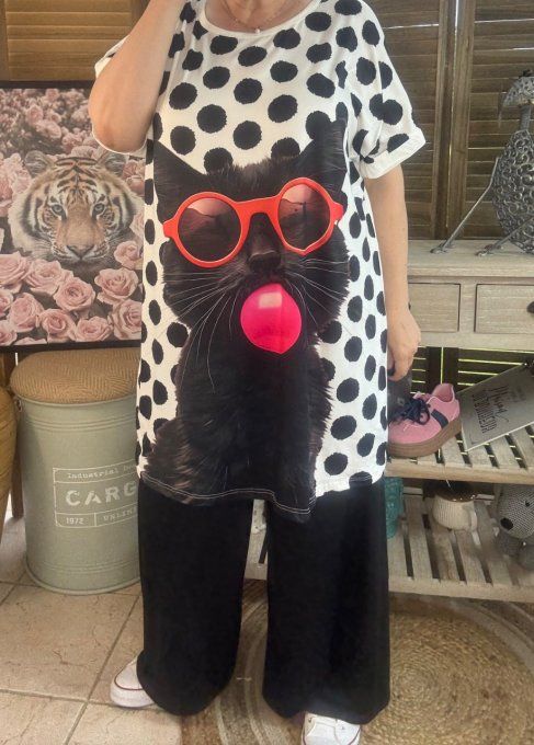 Tunique longue ou robe courte blanche pois noirs Le Chat noir Bubble du 40 au 50/52  