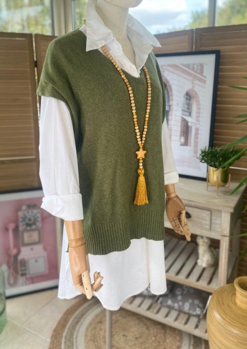 Sautoir étoile pompon moutarde & perles bois bohème chic 