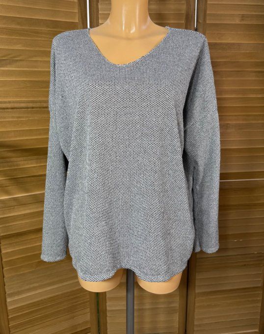 pull fin sans laine gris perle chiné effet quadrillé col V lurex argenté du 34 au 42 