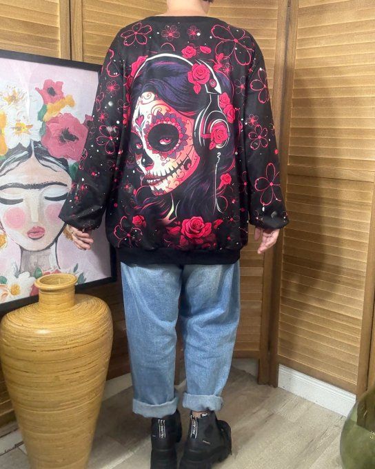 Sweat ample col V manches longues The Catrina Mexican Skulls Girl du 40 au 52