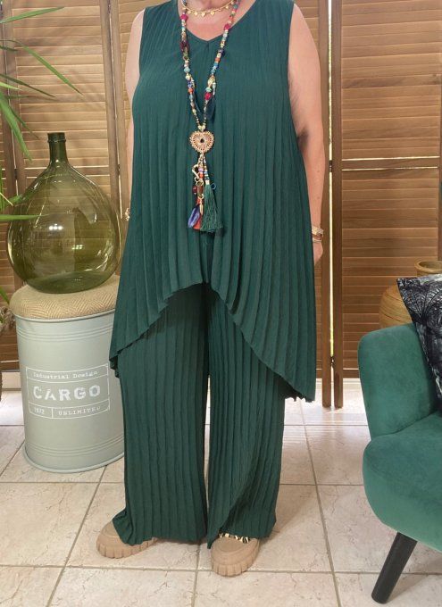 Ensemble plissé pantalon palazzo + tunique asymétrique vert bouteille du 38 au 48/50