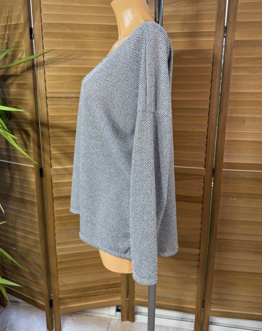 pull fin sans laine gris perle chiné effet quadrillé col V lurex argenté du 34 au 42 