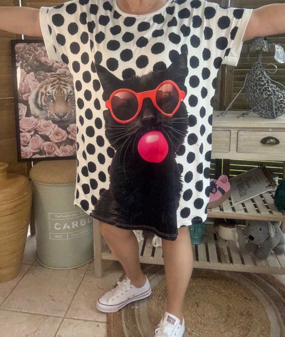 Tunique longue ou robe courte blanche pois noirs Le Chat noir Bubble du 40 au 50/52  