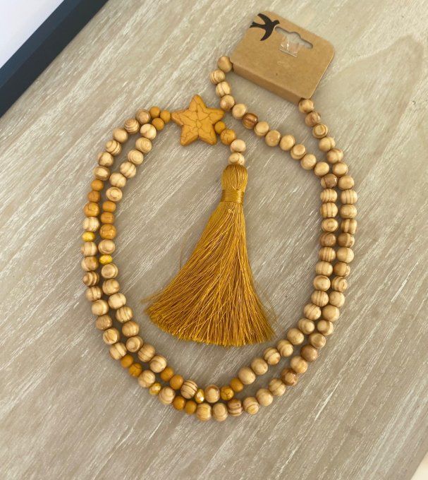 Sautoir étoile pompon moutarde & perles bois bohème chic 
