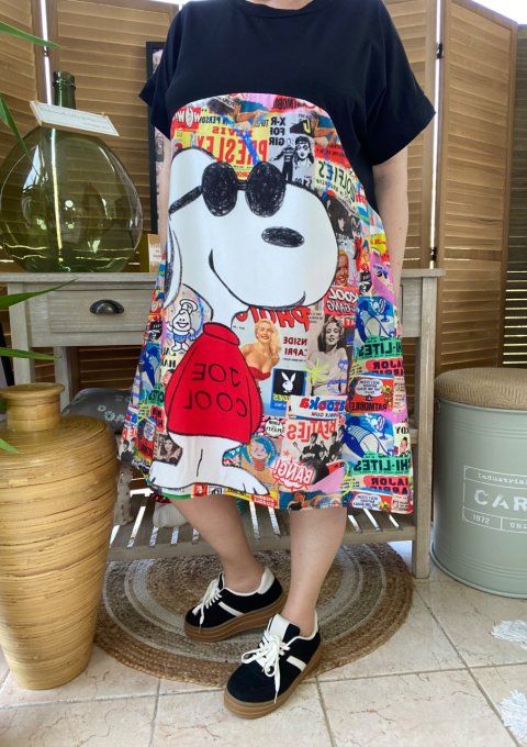 Robe trapèze courte noire & multicolore Love Snoopy Sixties du 40 au 50