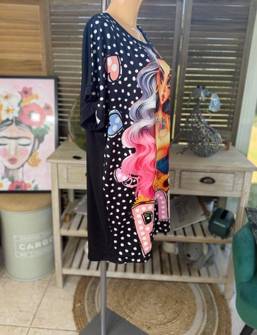 Tunique longue ou robe courte noire pois Bonita Fashion Girl du 40 au 50/52 