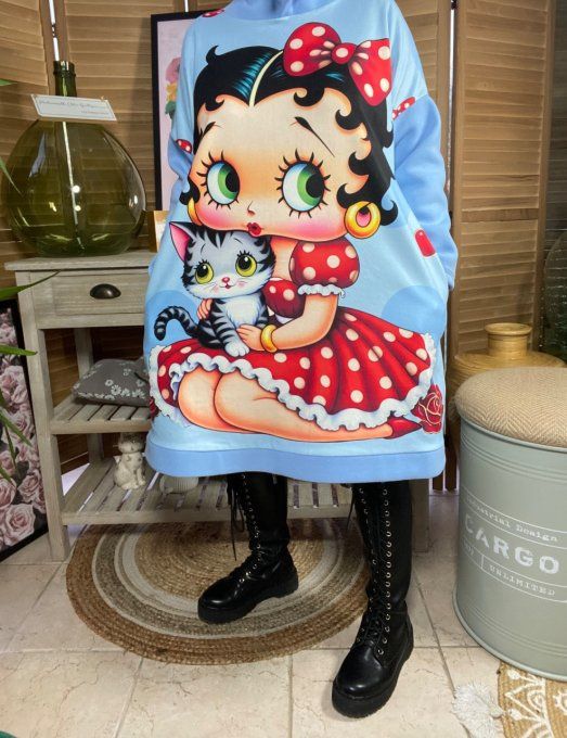 Sweat à capuche long ou robe sweat ciel Betty Boop. & son chat du 40 au 52 