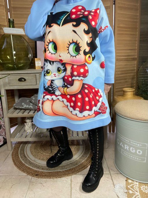 Sweat à capuche long ou robe sweat ciel Betty Boop. & son chat du 40 au 52 