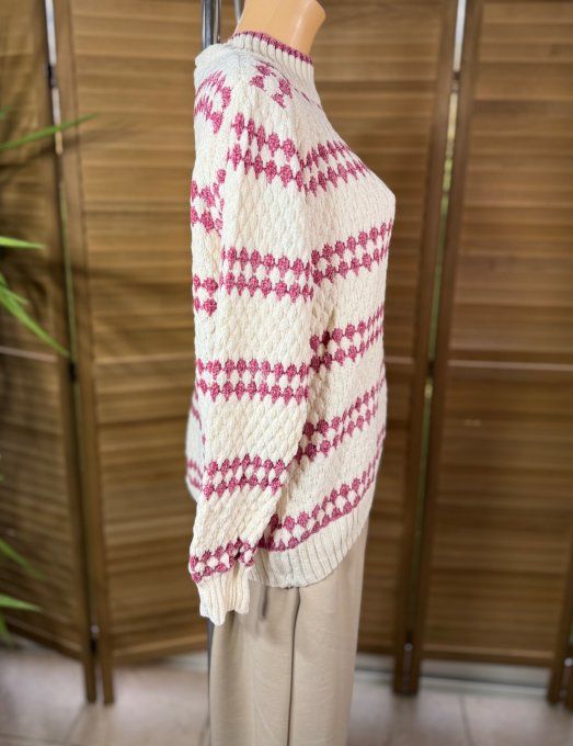 pull maille chenille écru losanges rose d'antan col montant douceur +++ du 34 au 46/48 