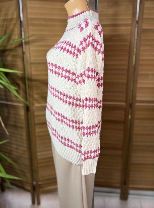 pull maille chenille écru losanges rose d'antan col montant douceur +++ du 34 au 46/48 