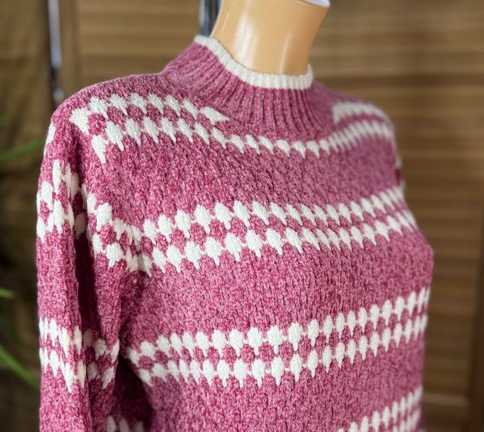 pull maille chenille rose d'antan losanges écrus col montant douceur +++ du 34 au 46/48