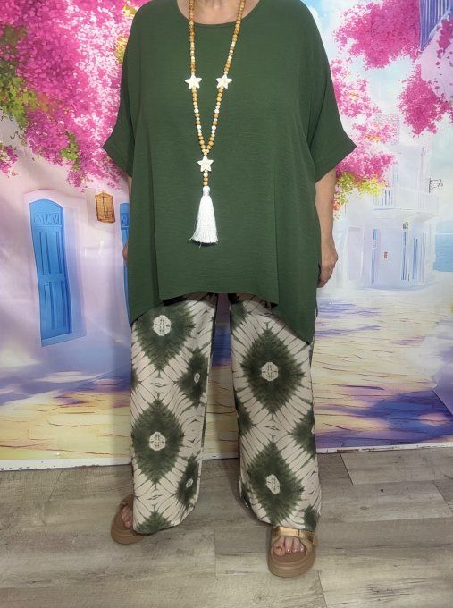 Ensemble tunique ample Kaki + pantalon palazzo cuisses larges Kaki écru du 40 au 48 