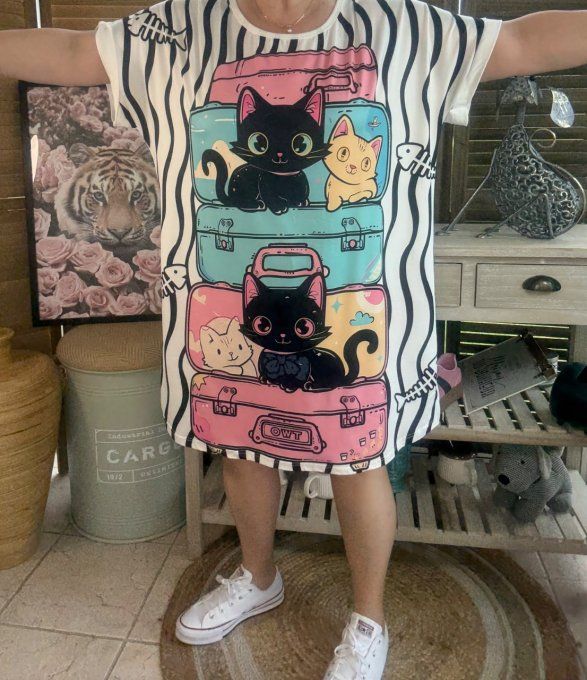 Tunique longue ou robe courte blanche Les Chats dans les valises du 40 au 50/52 