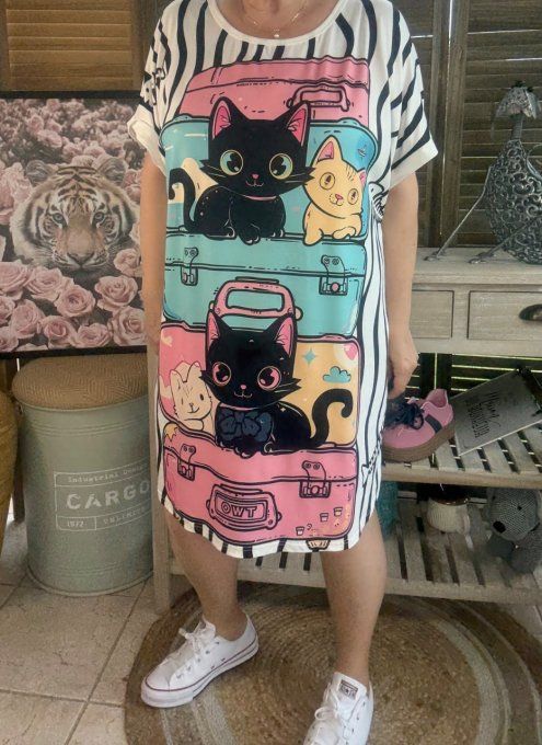Tunique longue ou robe courte blanche Les Chats dans les valises du 40 au 50/52 