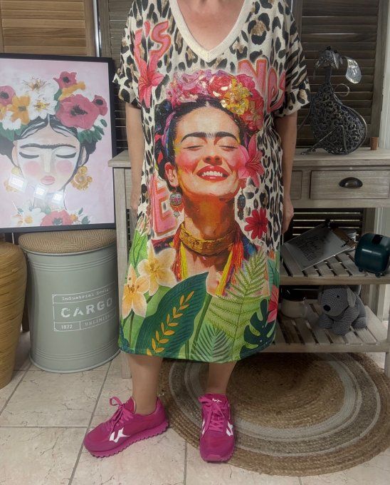 Robe mi-longue Léopard lurex beige pailleté doré Viva Frida Kahlo du 40 au 50 