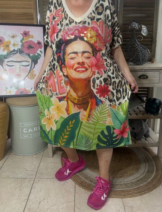 Robe mi-longue Léopard lurex beige pailleté doré Viva Frida Kahlo du 40 au 50 