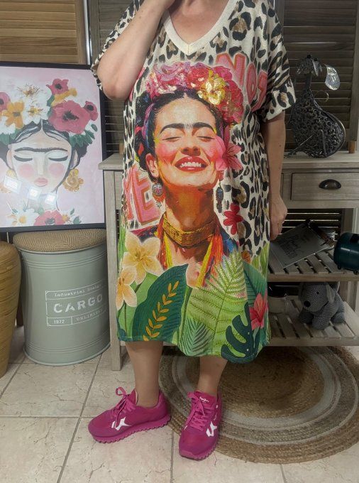 Robe mi-longue Léopard lurex beige pailleté doré Viva Frida Kahlo du 40 au 50 