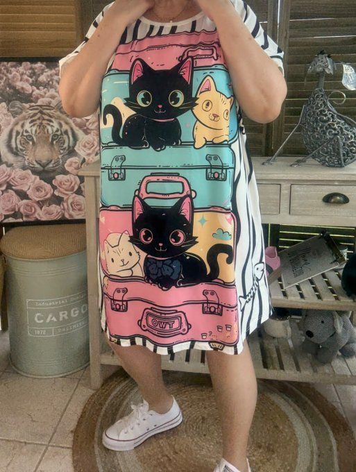 Tunique longue ou robe courte blanche Les Chats dans les valises du 40 au 50/52 