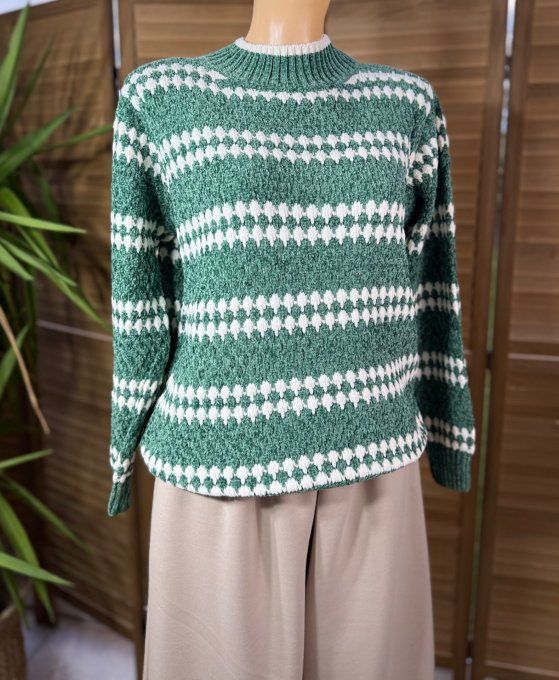 pull maille chenille vert Gucci losanges blancs col montant douceur +++ du 34 au 46/48