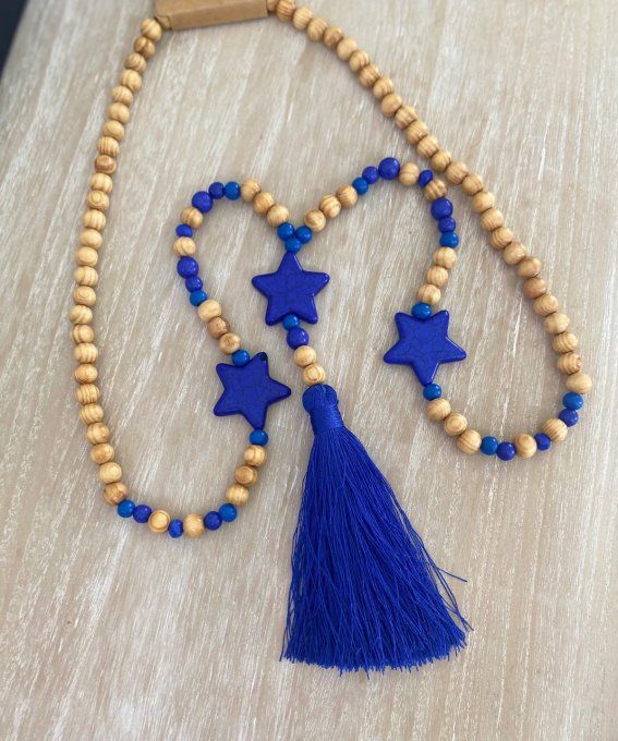Sautoir étoiles pompon bleu royal & perles bois bohème chic  