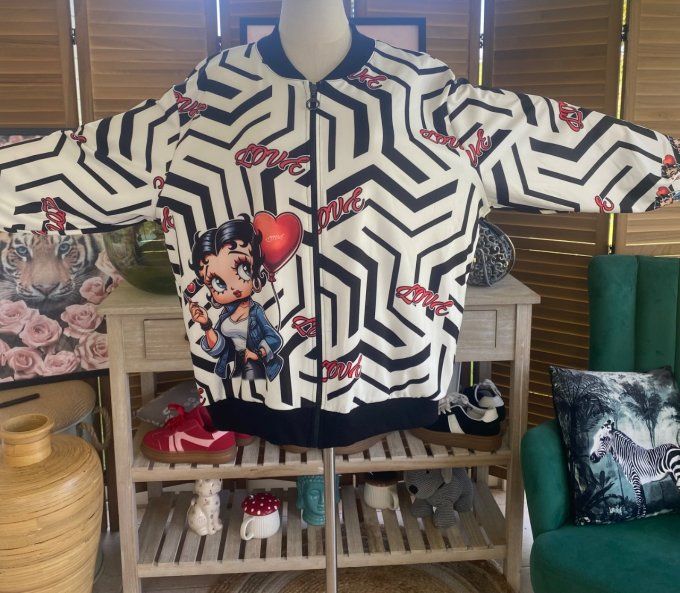 Blouson fin bombers ample zébré noir Betty Boop du 40 au 50 et même +   