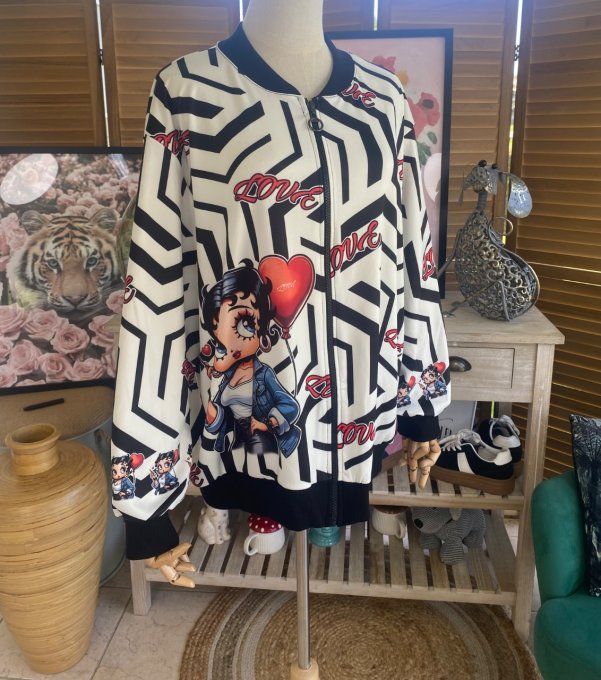 Blouson fin bombers ample zébré noir Betty Boop du 40 au 50 et même +   