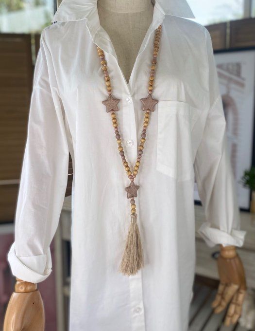 Sautoir étoiles pompon taupe clair & perles bois bohème chic 