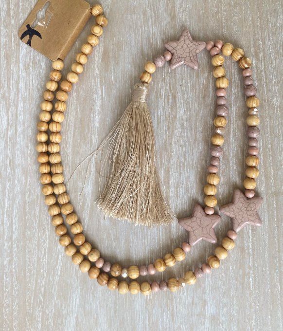 Sautoir étoiles pompon taupe clair & perles bois bohème chic 